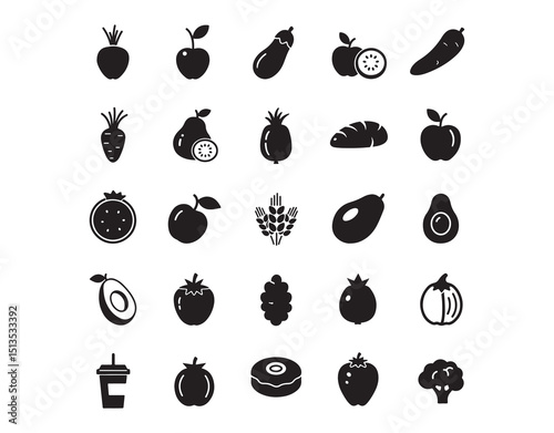 A straightforward collection of vector silhouette icons related to healthy food. Symbol set

