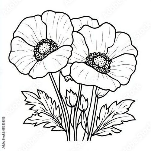 Two Opium Poppy Flowers with Leaves Hand Drawn Sketch Art Illustration for Coloring Book Project