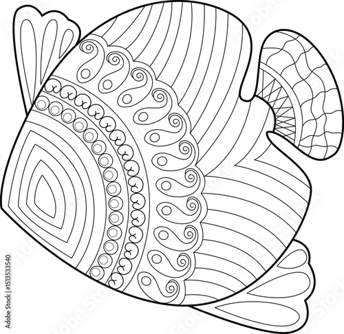 Ornate Tropical Fish Line Art for Coloring, Detailed black and white line drawing of a tropical fish with intricate patterns, perfect for coloring books, craft projects, or design elements. 