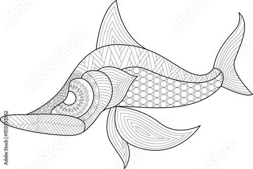 Abstract Patterned Fish Line Art, Black and white line drawing of a stylized fish filled with intricate patterns. Perfect for coloring pages, illustrations, or decorative design elements. Features 