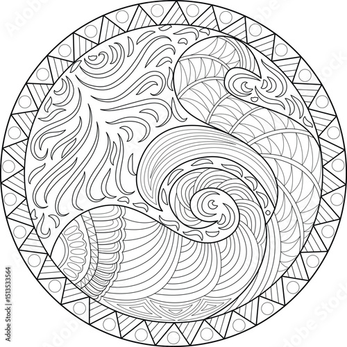 Abstract Fish and Wave Design Line Art, Detailed abstract line art illustration featuring stylized fish shapes and ocean waves within a circular frame with tribal patterns. Ideal for coloring books, 