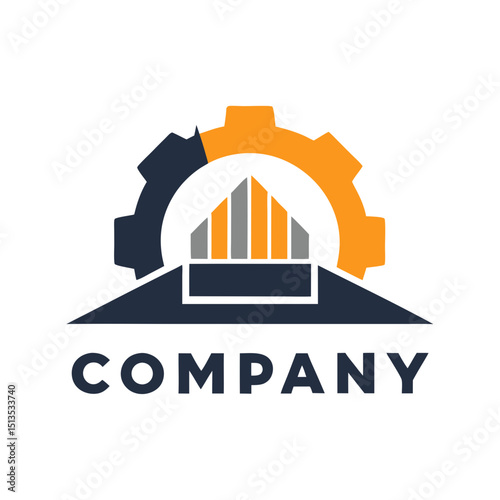 Industrial company logo with gear and building elements
