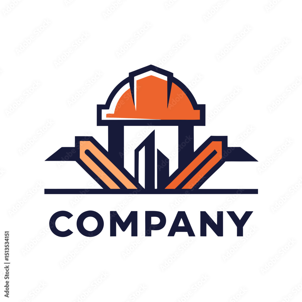 Obraz premium Construction company logo with helmet and building silhouette design