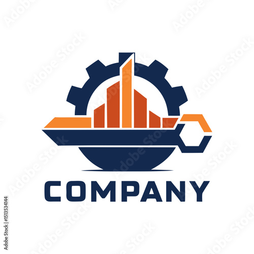 Construction and mechanical company logo featuring buildings and gear