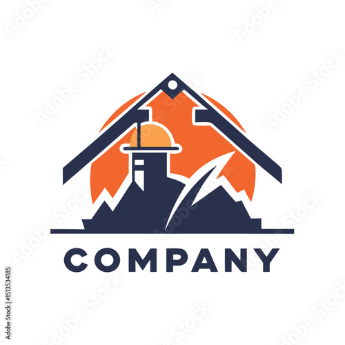 Mining company logo depicting mountains, sun and hardhat