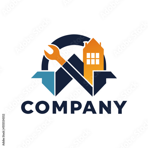 Modern Home Repair Logo Featuring Wrench and Building