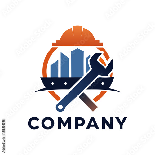 Construction company logo featuring hard hat buildings and wrench