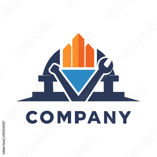 Geometric logo design depicting buildings and wrench tools
