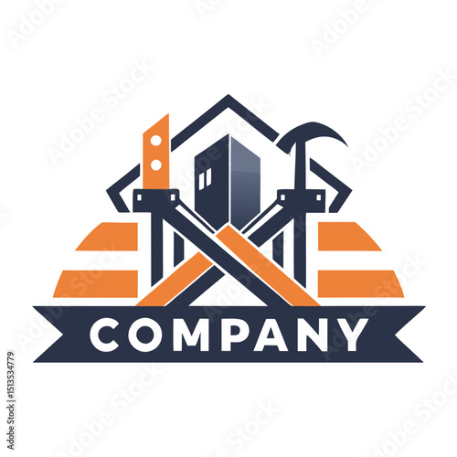 Construction company logo with tools building and ribbon banner
