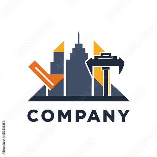 Construction company logo design featuring cityscape and measuring tool