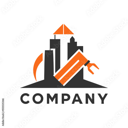 Modern city construction logo with wrench and skyscrapers graphic