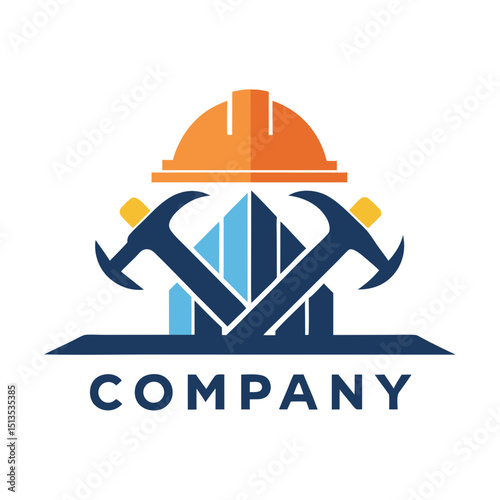 Construction company logo with safety helmet and hammers icon