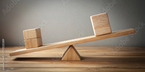 Wooden blocks on a seesaw, demonstrating the concept of balance and equilibrium in a business setting