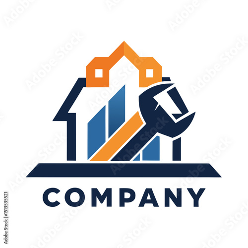 Modern house construction repair logo with wrench graphic illustration