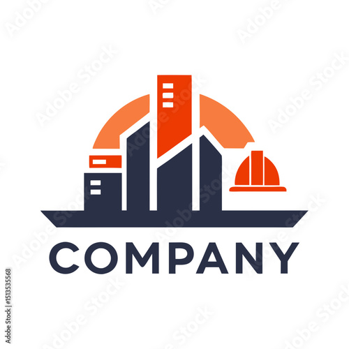 Construction company logo icon with urban skyline and helmet
