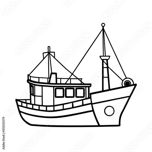 Fishing Trawler Outline Line Art Vector Design