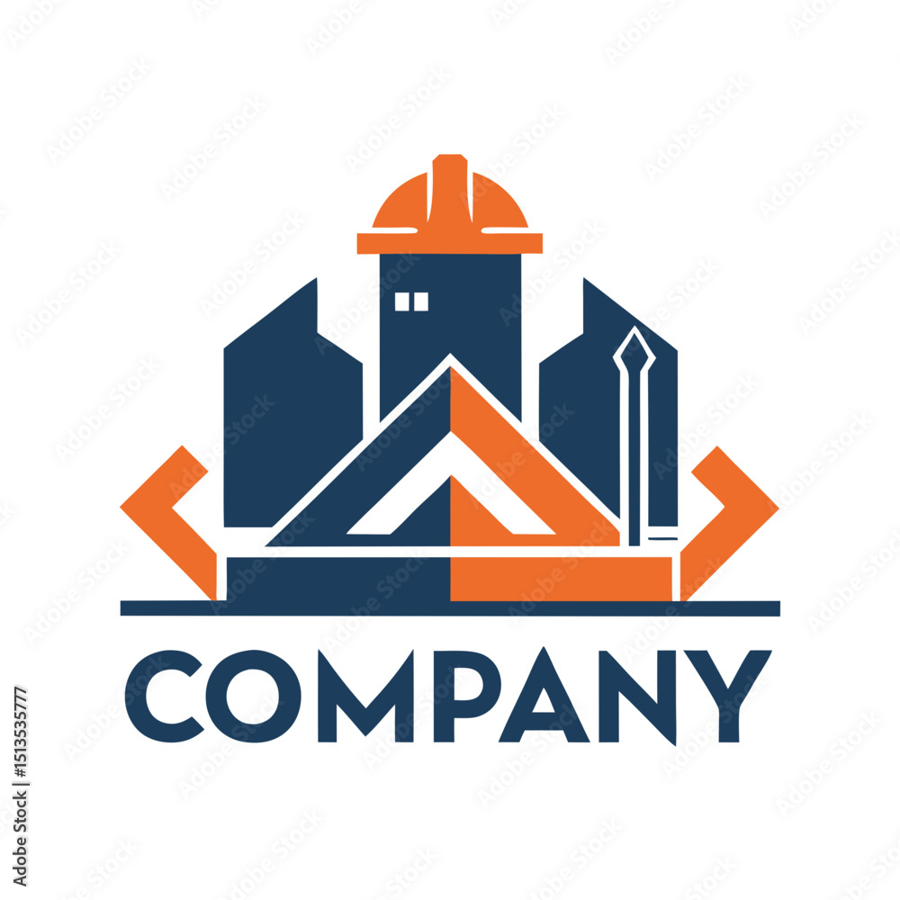 Naklejka premium Construction company logo featuring building helmet and graphic buildings