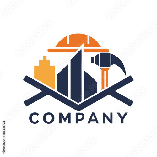 Abstract Construction Company Logo with Buildings and Hard Hat
