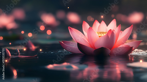Exquisite pink lotus flower floating serene on still water with delicate bokeh lights