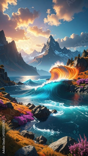 Autumnal Mountain Lake Sunset with Turquoise Waves