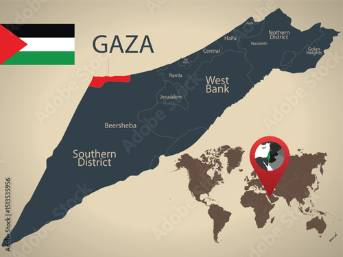 Vector map of palestine and gaza flag Vector illustration.