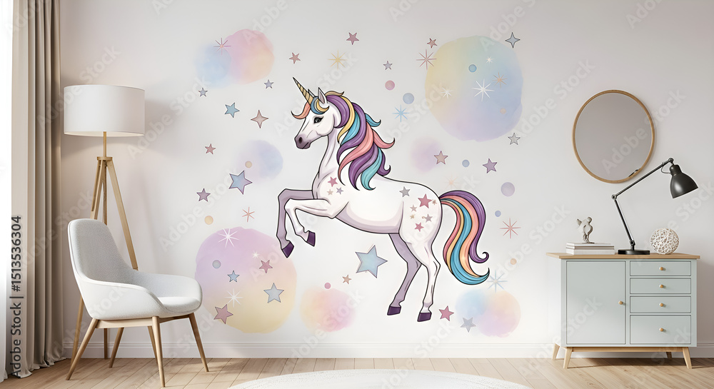 Obraz premium Magical unicorn wall sticker with stars and sparkles on a white pastel wall
