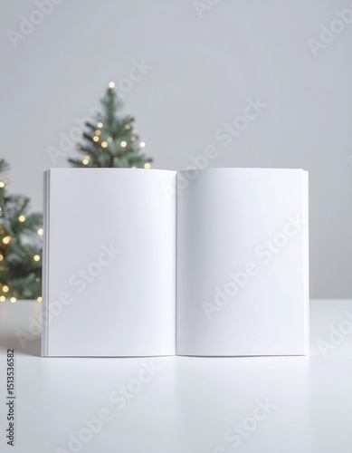 Blank White Book Mockup with Festive Christmas Lights and Trees