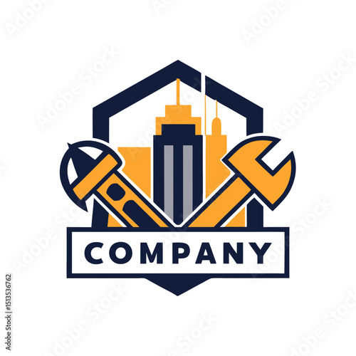 Construction Company Logo Featuring Skyscrapers and Repair Tools