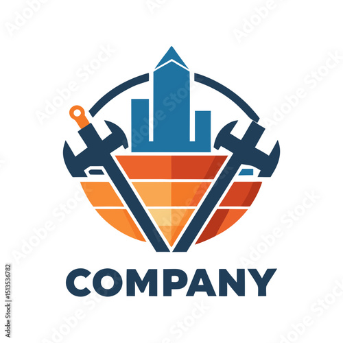 Abstract construction logo with building wrench combination illustration design