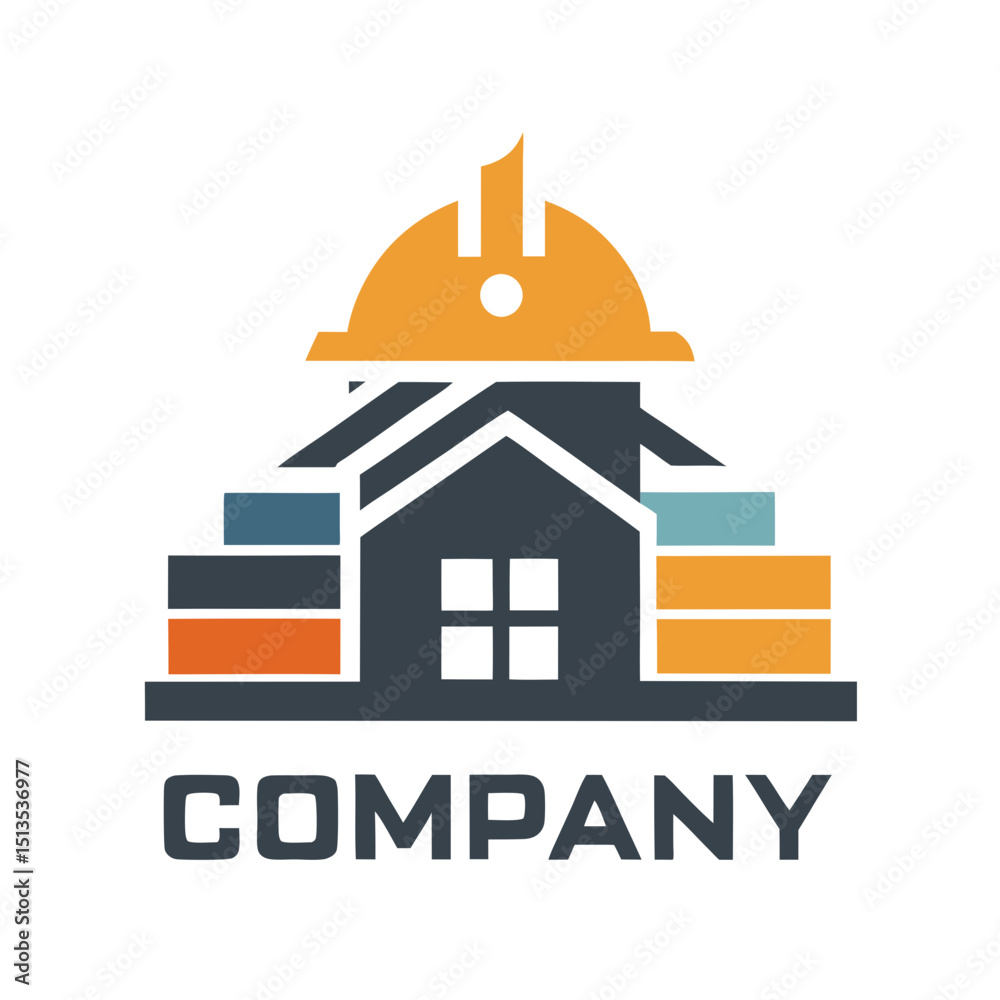 Obraz premium Construction company logo with a building wearing hardhat