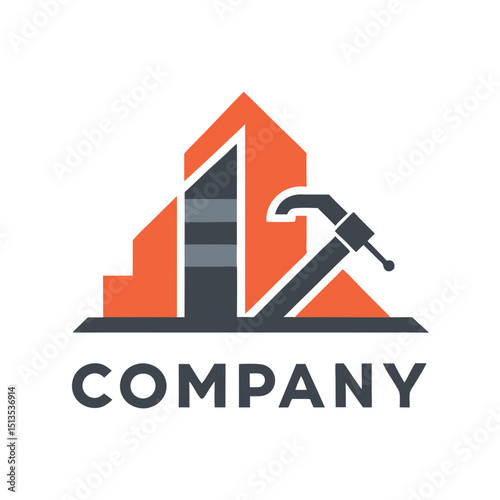 Construction company logo featuring a building and hammer