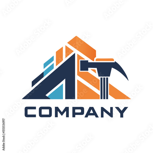 Construction company logo design with hammer and building icon