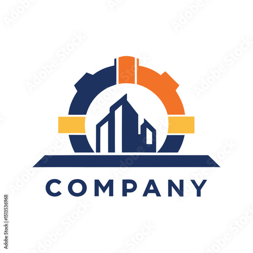 Construction company logo with gear and building graphic icon