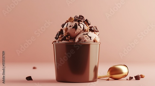 Aerial view of a tub of chocolate peanut butter cup ice cream with golden scoop beside it