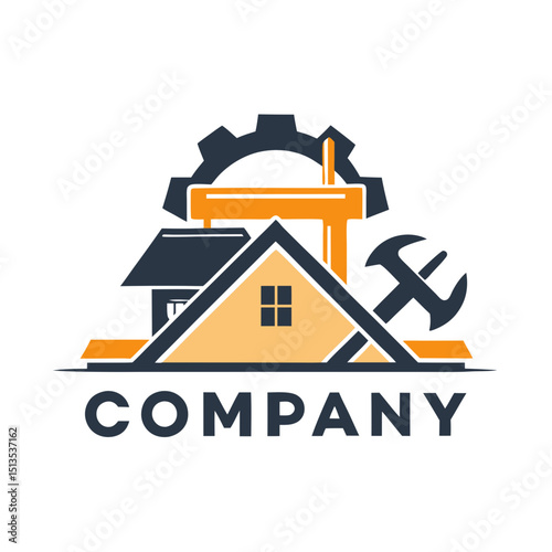 House and Gear Logo Design Representing Construction and Engineering