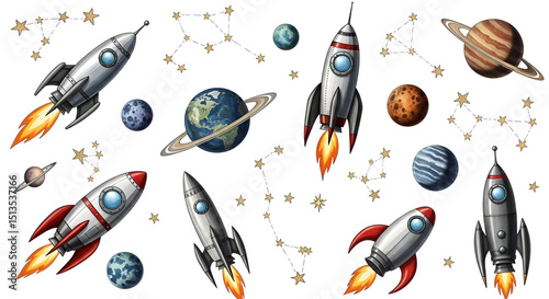 Space-themed wall decals with rockets, stars, and planets on a white background