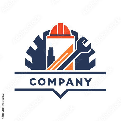 Construction Company Logo Concept with Tools and Cityscape