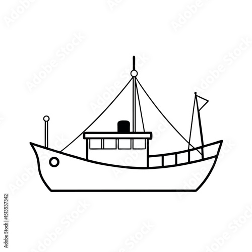 Vintage Fishing Trawler Outline Vector Art