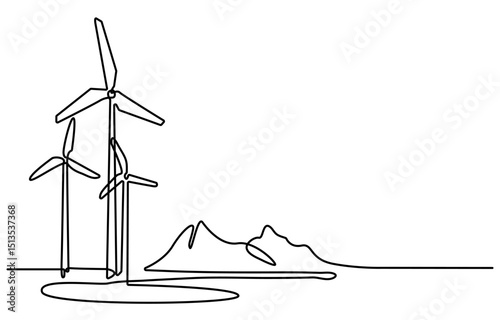 continuous single line drawing of wind farm  renewable energy wind turbines line art vector illustration