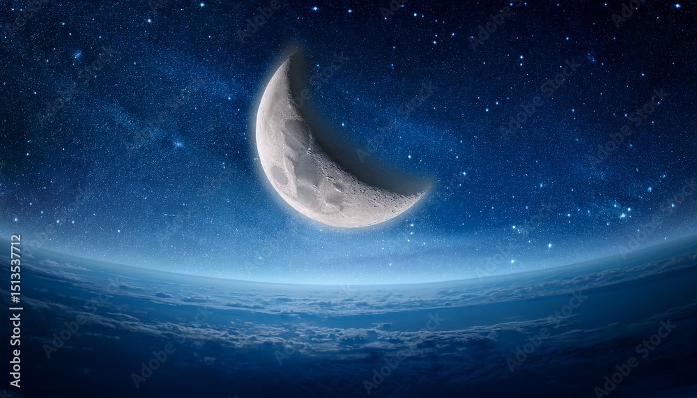 Fototapeta premium moon waxing crescent and grey light against blue starry sky background