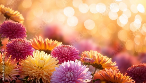 colorful mums flowers on warm bokeh background