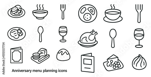 Anniversary menu planning icons set – outline, linear, dining and celebration symbols