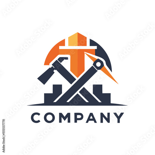 Construction company logo featuring hammer and pickaxe illustration