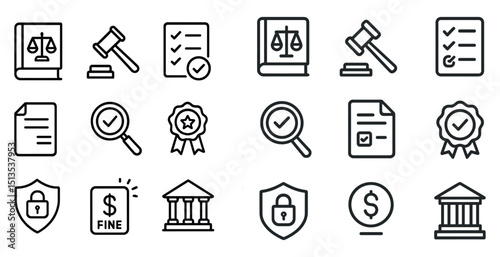 Legal and justice line icons set – outline, contract, symbols for law offices
