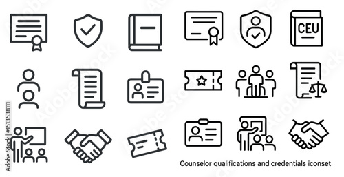 Counselor qualifications and credentials icons set – line, outline, certification symbols