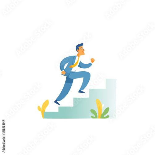 Scandi Minimalist Businessman Climbing Stairs - Success Vector Illustration