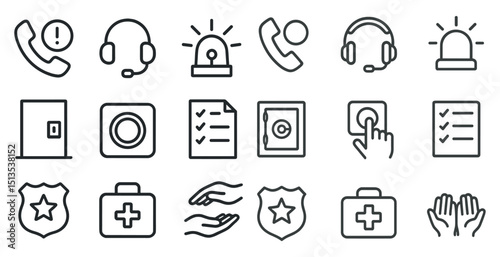 Emergency and communication line icons set – outline, linear, help and alert symbols