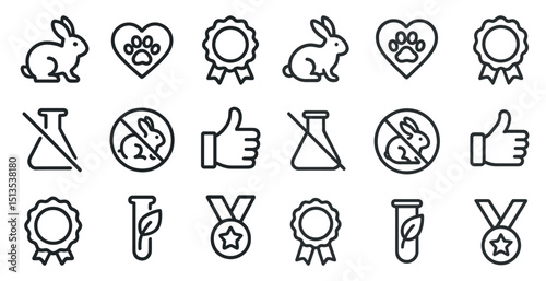Animal testing outline icons set – linear, ethical, cruelty-free symbols