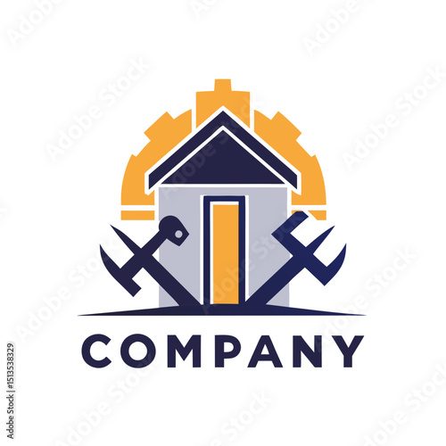 Construction company logo design with house and gear element