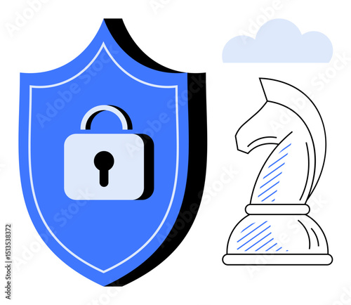 Blue shield with padlock, chess knight expressing strategy aspects. Ideal for cybersecurity, protection, defense initiatives, problem-solving, risk management, planning, decision-making concepts in